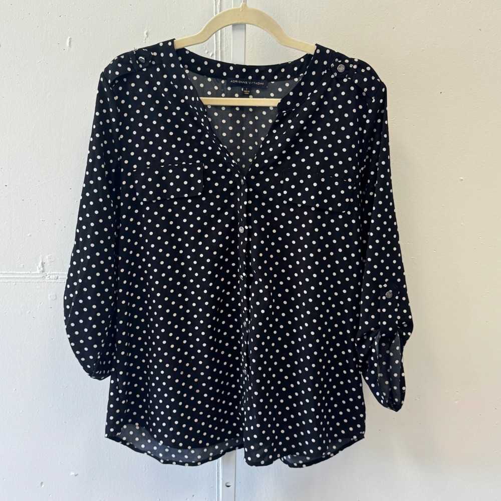 Adrienne Vittadini Polka Dot Roll‎ Tab Sleeve Blouse Black White VW31239 Large